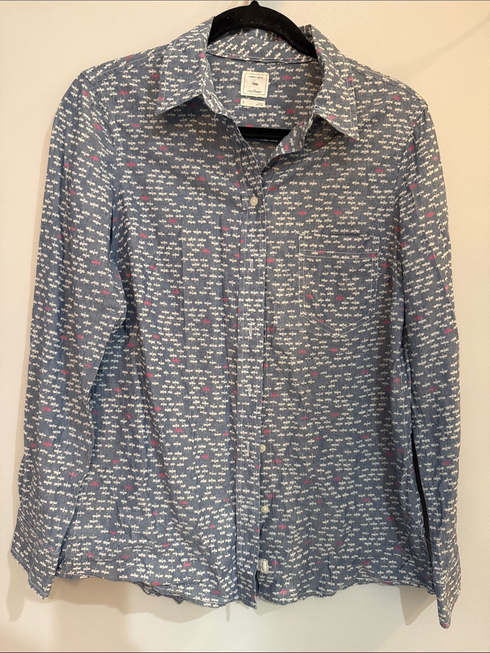 GAP denim Blue Button-Down dragonfly Shirt Y2K cotton designed & crafted S